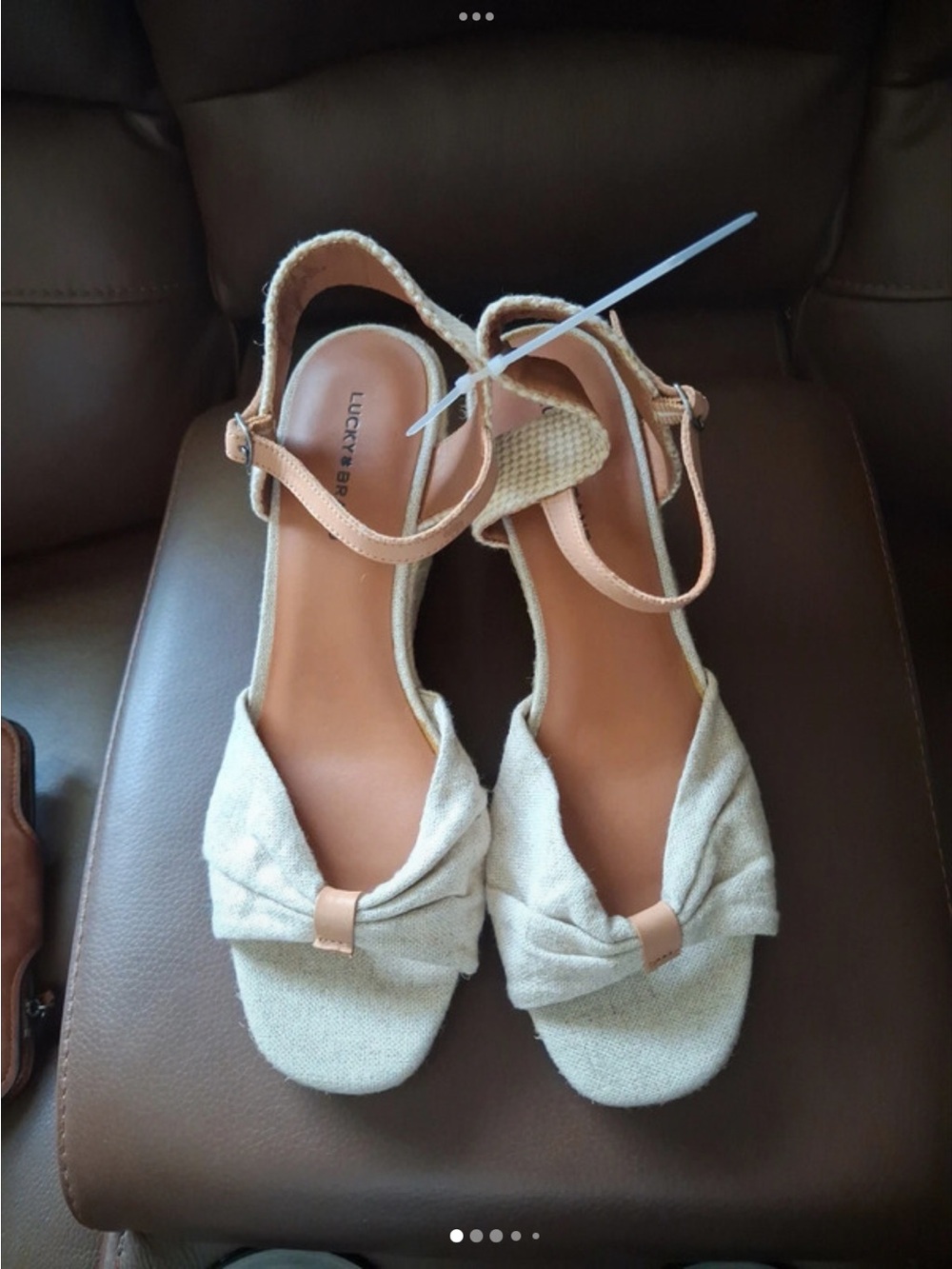 Lucky Brand Cream Linen Knot Sandals with Tan Ankle Strap